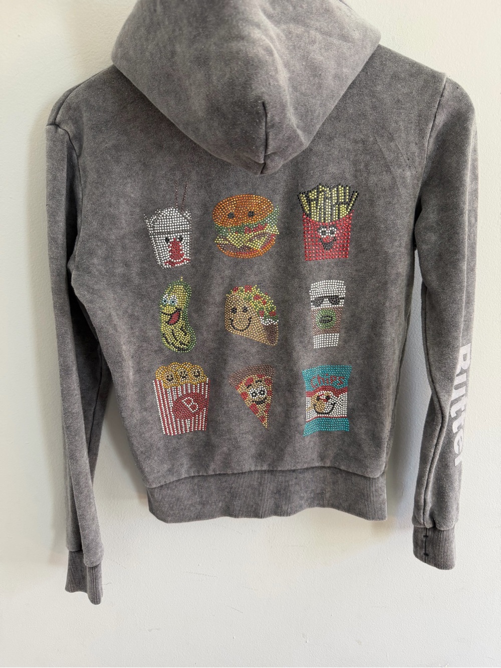 Butter Super Soft  Full Zip Hoodie Gray Embellished Rhinestone Food Size M